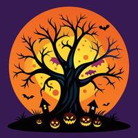Halloween tree with pumpkins and bats on it vector