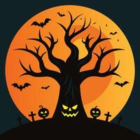 Halloween tree with bats and bats on the moon background vector