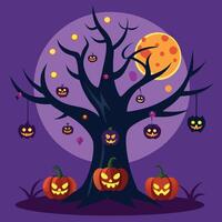 Halloween tree with pumpkins and moon on purple background vector