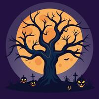 Halloween tree with pumpkins and moon on background vector