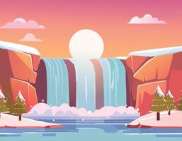 Winter landscape with waterfall and trees vector