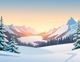Winter landscape with snow covered mountains and trees vector