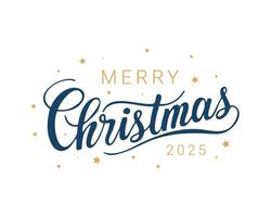 Merry Christmas 2025 lettering calligraphy with gold stars on white background, inscription holiday logo icon element vector