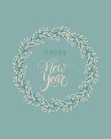 Happy New Year text lettering in round wreath of doodle branches of blue and beige colors with berries, hand drawn, on blue background. vector