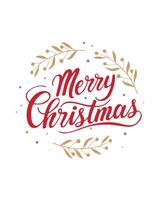 Card Merry Christmas inscription with gold stars and branches on white background, red lettering hand drawn. vector
