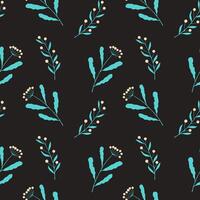 Floral pattern with blue leaves and berries on dark background. Hand drawing twigs. vector