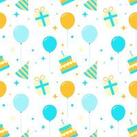 Birthday cake pattern with balloons and gifts and festive design elements, on white background. vector