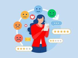 Customer feedback concept,woman use smart phone for Credit score or satisfaction measurement, customer satisfaction level emoji level. feedback star rating with good and bad emotions. vector