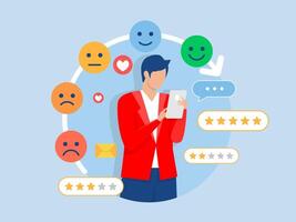 Customer feedback concept,man use smart phone for Credit score or satisfaction measurement, customer satisfaction level emoji level. feedback star rating with good and bad emotions. vector