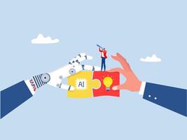 Artificial Intelligence Robot Hand And Businessman Hand holding different pieces of puzzle Partners robot machine and human cooperation illustrator vector