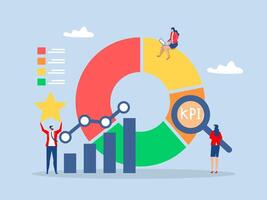 Benchmark performance or KPI key performance indicator growth or KPI measurement result, businessman magnify benchmark metric graph scale. vector