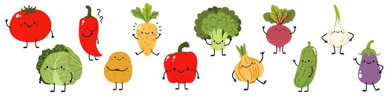 Set of illustrations in children's style. Cute vegetables in different poses and with cute faces. Cabbage carrots broccoli onion garlic tomato potato pepper eggplant cucumber beet vector