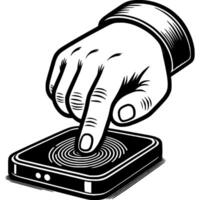 Businessman hand placing index finger to read data on portable device in monochrome vector