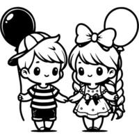 Girl and boy dressed in summer clothes walking together holding hands and carrying balloons in monochrome. Simple minimalistic image in black ink drawing on white background vector