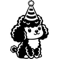 Curly poodle puppy sitting with a conical striped hat on his head in monochrome vector