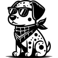 Dalmatian puppy wearing a neckerchief and glasses in monochrome. Simple minimalistic image in black ink drawing on white background vector