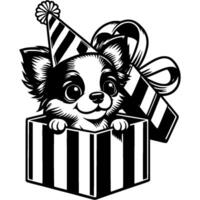 Chihuahua peeking out of a large gift box in monochrome. Simple minimalistic image in black ink drawing on white background vector