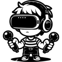 Boy in virtual reality glasses plays game with manipulators in monochrome. Simple minimalistic image in black ink drawing on white background vector