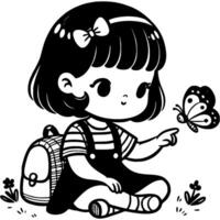 Little girl looks at a butterfly sitting on her finger in monochrome. Simple minimalistic image in black ink drawing on white background vector
