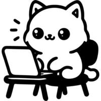 White kitten works sitting on a chair at a laptop in monochrome. Simple minimalistic image in black ink drawing on white background vector