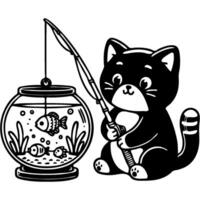 Kitten with a fishing rod sits fishing near an aquarium with domestic fish in monochrome. Simple minimalistic image in black ink drawing on white background vector