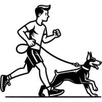 Sports guy is jogging with a Doberman on a leash in monochrome. Simple minimalistic image in black ink drawing on white background vector
