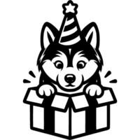 Husky puppy peeking out of an open gift box in monochrome vector