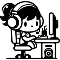 Girl playing on computer with headphones and microphone in monochrome vector