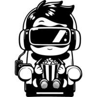 Boy in virtual reality glasses watching a movie Sitting in a chair and eating popcorn in monochrome. Simple minimalistic image in black ink drawing on white background vector
