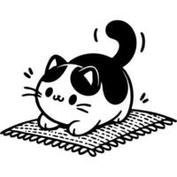 Fat kitten scratches claws rug mat in monochrome. Simple minimalistic image in black ink drawing on white background vector