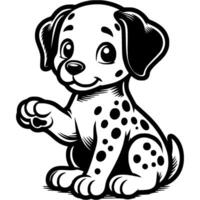 Friendly Dalmatian puppy obediently lifted his paw up in monochrome vector