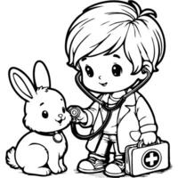Boy plays vet with his pet rabbit in monochrome. Simple minimalistic image in black ink drawing on white background vector