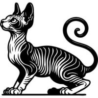 Sphinx cat with folded skin prepares to jump in monochrome. Simple minimalistic image in black ink drawing on white background vector
