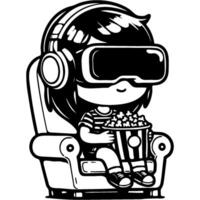 Girl in virtual reality glasses watching a movie Sitting in chair with a box of popcorn in monochrome. Simple minimalistic image in black ink drawing on white background vector
