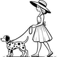 Woman owner dressed in a summer dress and hat leads a Dalmatian on a leash in monochrome. Simple minimalistic image in black ink drawing on white background vector