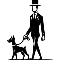Tall man gentleman in black suit and bowler hat leads guard dog on leash in monochrome. Simple minimalistic image in black ink drawing on white background vector