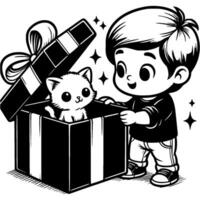 Little boy takes a kitten he was given out of a box in monochrome. Simple minimalistic image in black ink drawing on white background vector
