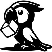 Smart tropical parrot pet holding toy cube in beak in monochrome. Simple minimalistic image in black ink drawing on white background vector