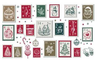 Christmas Stamps, mail, Advent calendar with tree, ball, postcard hand drawn illustrations. vector