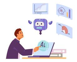 Businessman interacting with artificial intelligence for business analytics and reports generation flat concept illustration isolated on white. vector