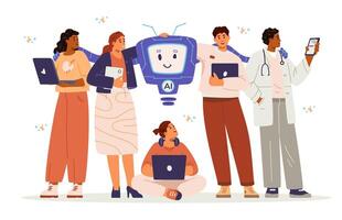 Multiracial group of different professionals interacting with artificial intelligence concept. Men and women using AI flat illustration isolated on white. vector
