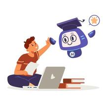 Artificial intelligence in school education concept flat illustration isolated on white. School boy giving high five to Ai robot. Kid interacting with Ai robot while studying. vector
