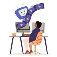 African American woman motion designer using artificial intelligence for generation and editing flat concept illustration isolated on white. vector