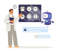 Artificial intelligence in medicine concept flat illustration isolated on white. Medical worker using AI for brain MRI scan analysis. vector