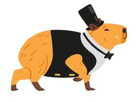 Elegant capybara in cylinder, bow tie and costume walking flat illustration isolated on white. vector