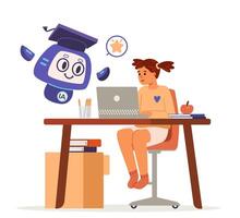 Artificial intelligence in school education concept flat illustration isolated on white. Girl interacting with Ai robot while studying. vector