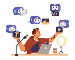Blogger interacting with artificial intelligence for blog content generation, analytics and promotion flat concept illustration isolated on white. Mini robots bringing generated content vector