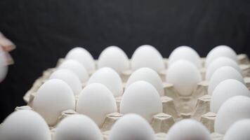 Eggs are stacked in a tray. Crates of fresh eggs at a poultry farm. video