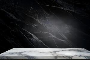 A marble table in front of a black wall photo