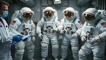 Animation of a team of astronauts in spacesuits and a maneuvering unit conducting a space mission in orbit, showcasing advanced space technology and zero-gravity exploration. video